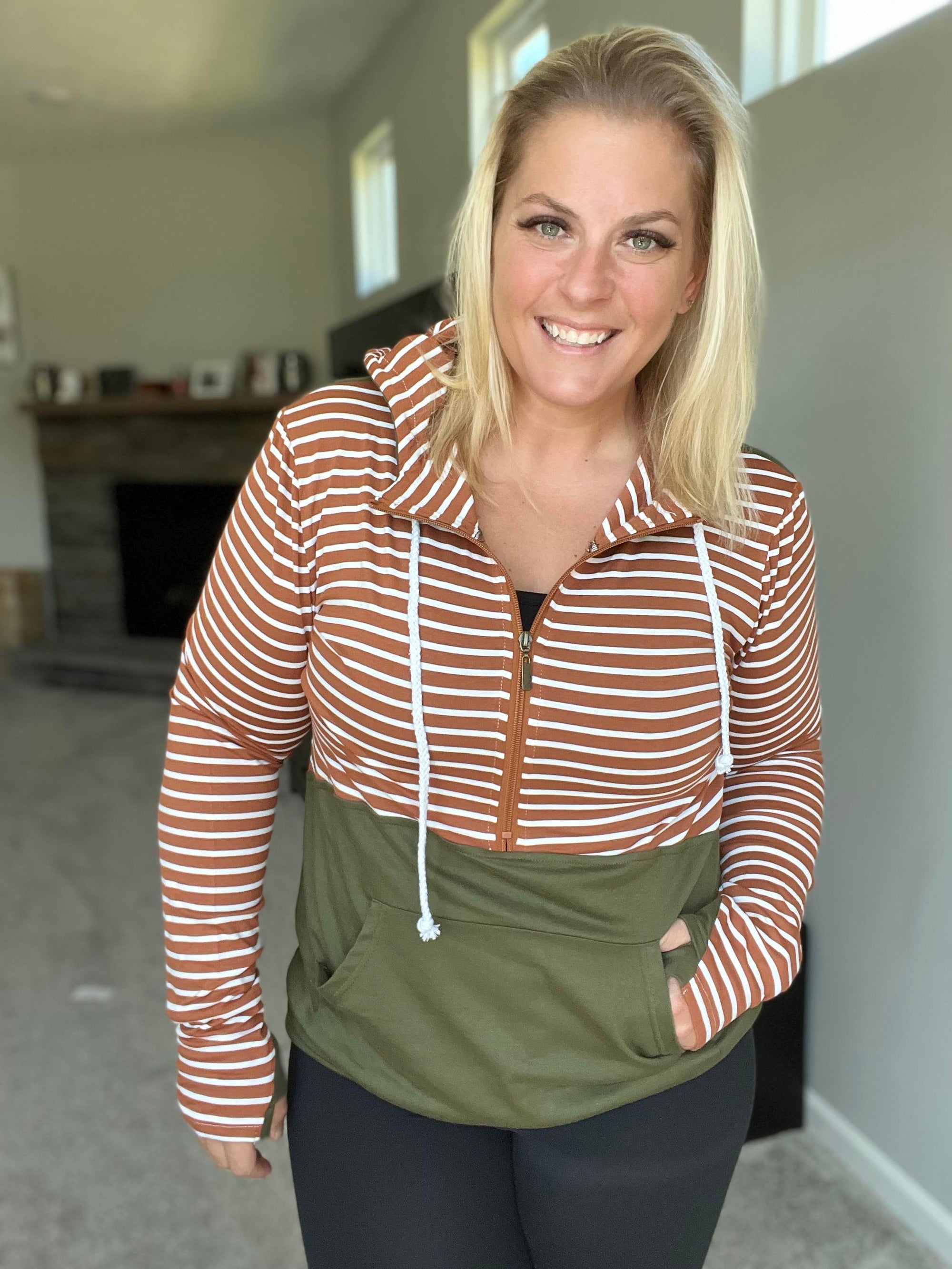 Striped Patchwork Hoodie with Thumbholes