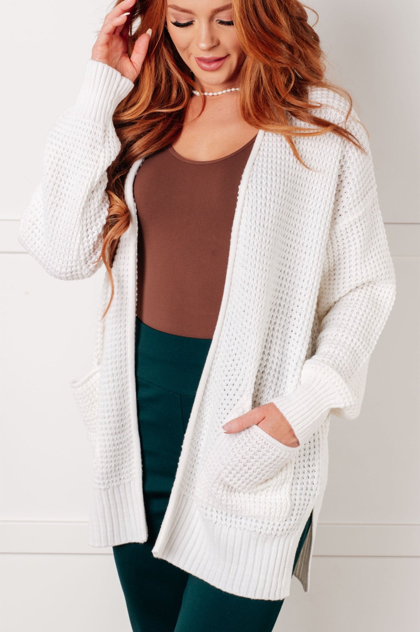 Everything Layer Waffle Knit Open Front Cardigan in Ivory