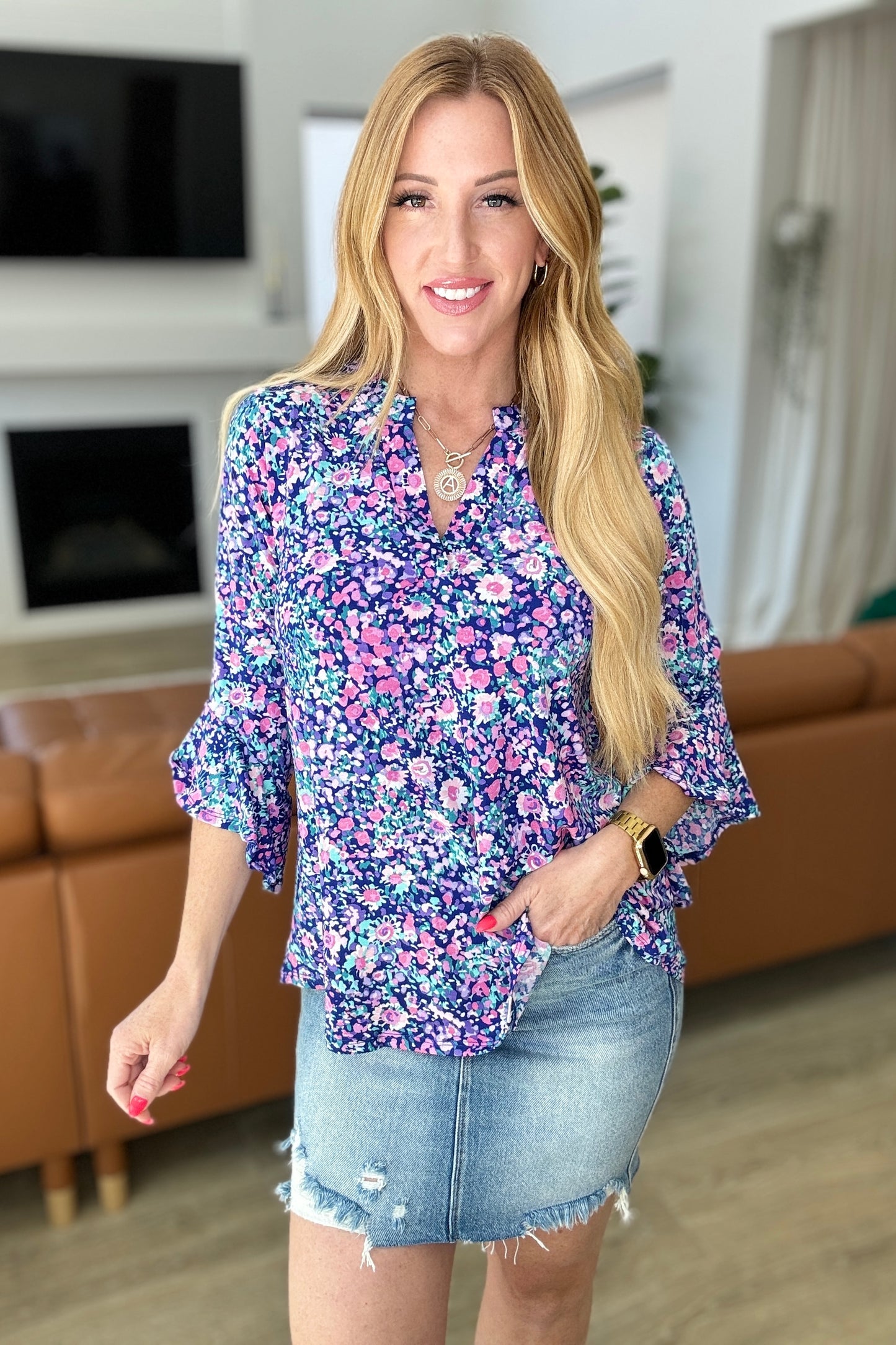 Lizzy Bell Sleeve Top in Navy and Pink Floral