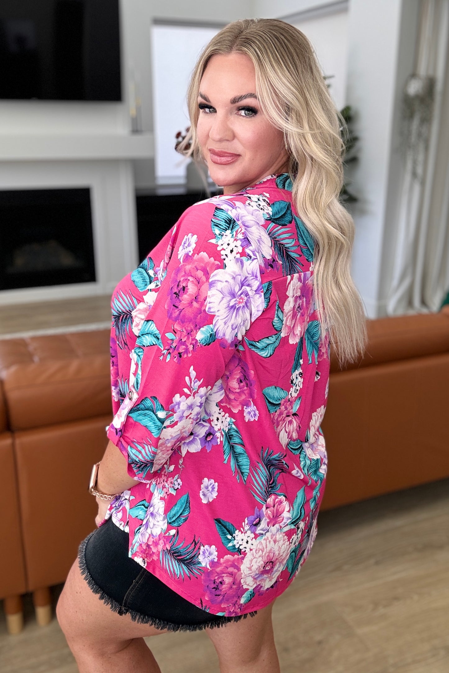 Lizzy Top in Magenta and Teal Tropical Floral