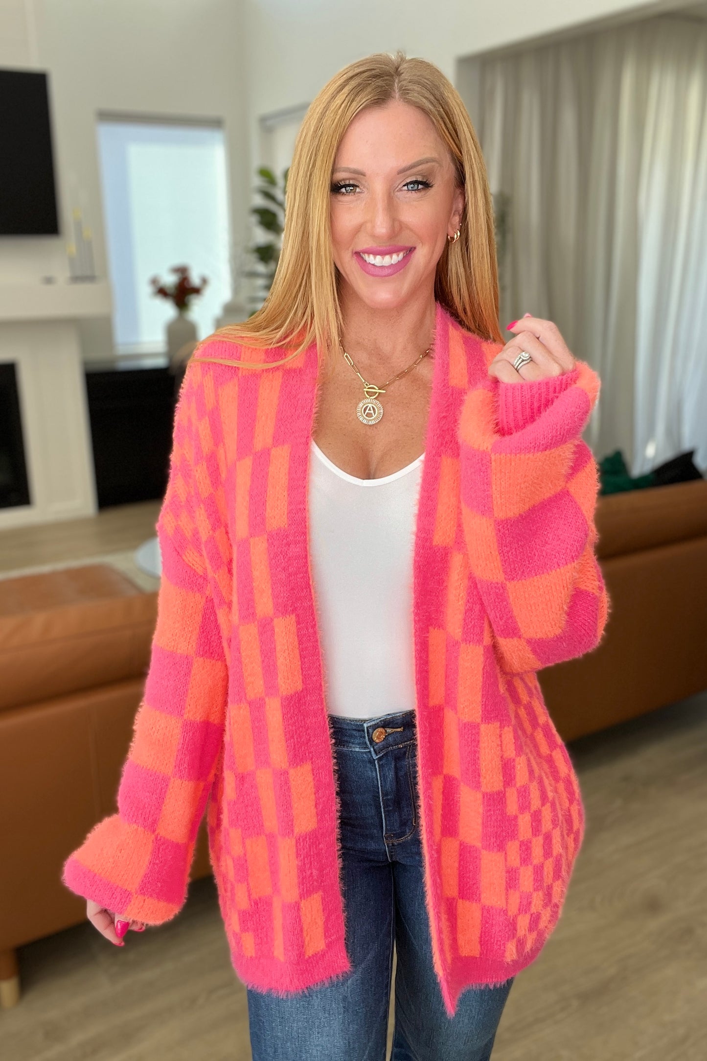 Noticed in Neon Checkered Cardigan in Pink and Orange