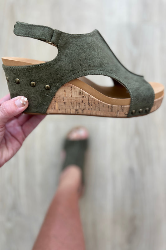 Walk This Way Wedge Sandals in Olive Suede