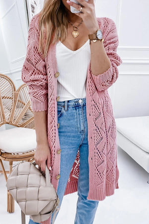 Button Up Hollow Out Loose Long Cardigan -= 3 Colors!!