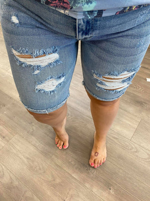 Judy Blue Light Wash Destroyed Bermuda Shorts