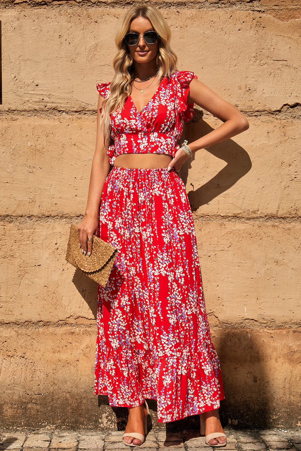 Printed Tie Back Cropped Top and Maxi Skirt Set - 6 Colors!!