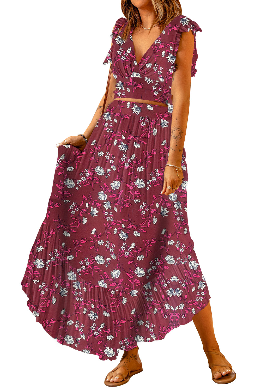 Printed Tie Back Cropped Top and Maxi Skirt Set - 6 Colors!!