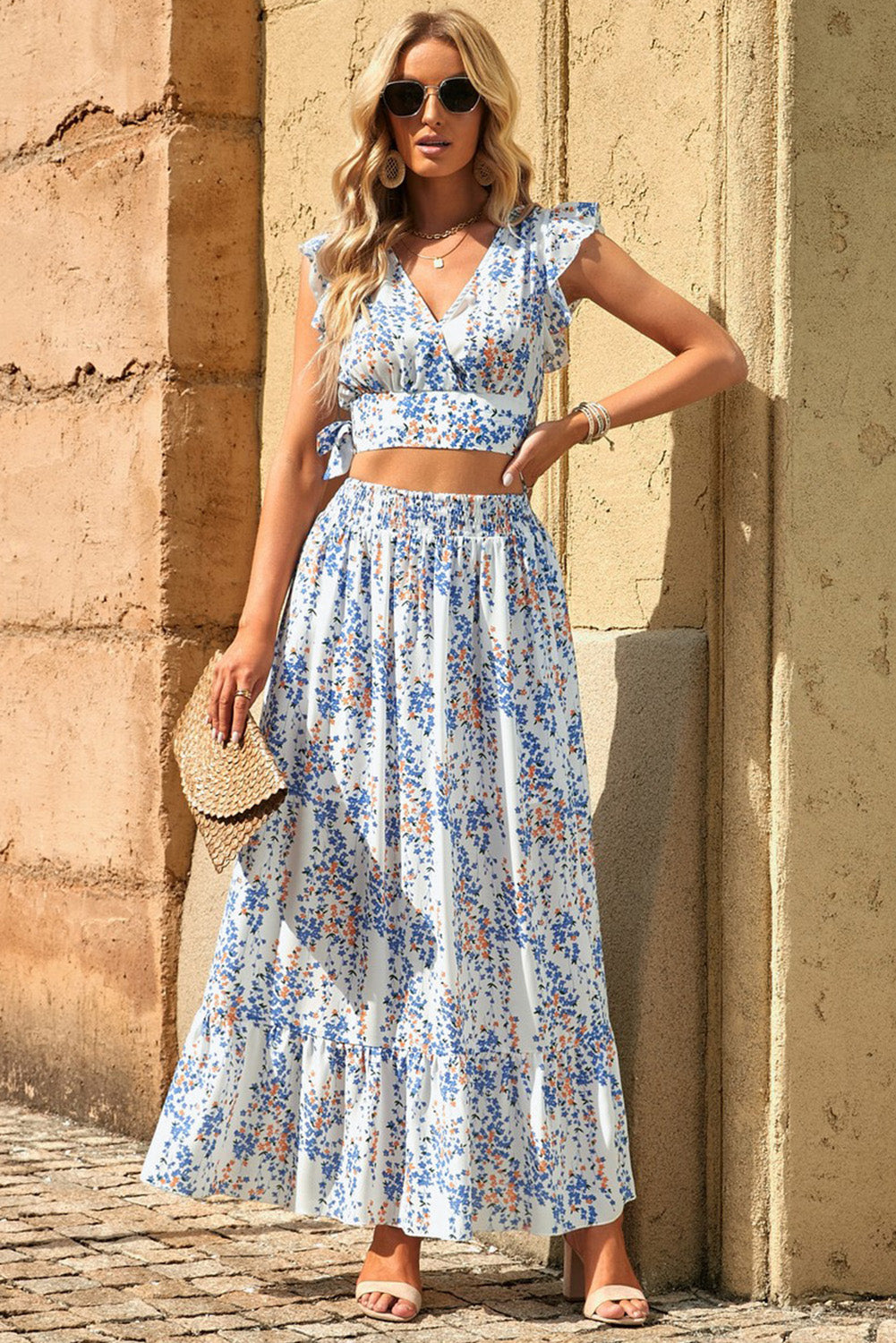 Printed Tie Back Cropped Top and Maxi Skirt Set - 6 Colors!!