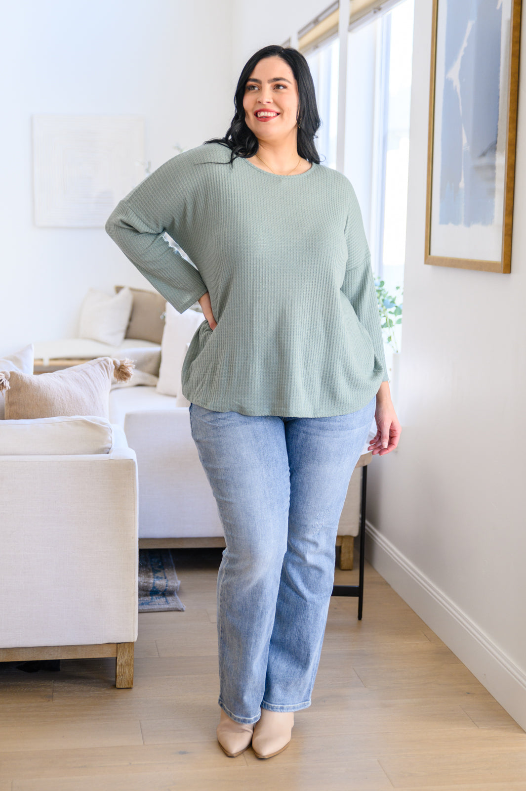 Lena Waffle Knit Basic Top In Sage