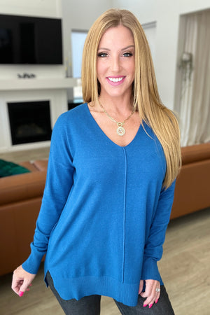 V-Neck Front Seam Sweater in Heather Classic Blue