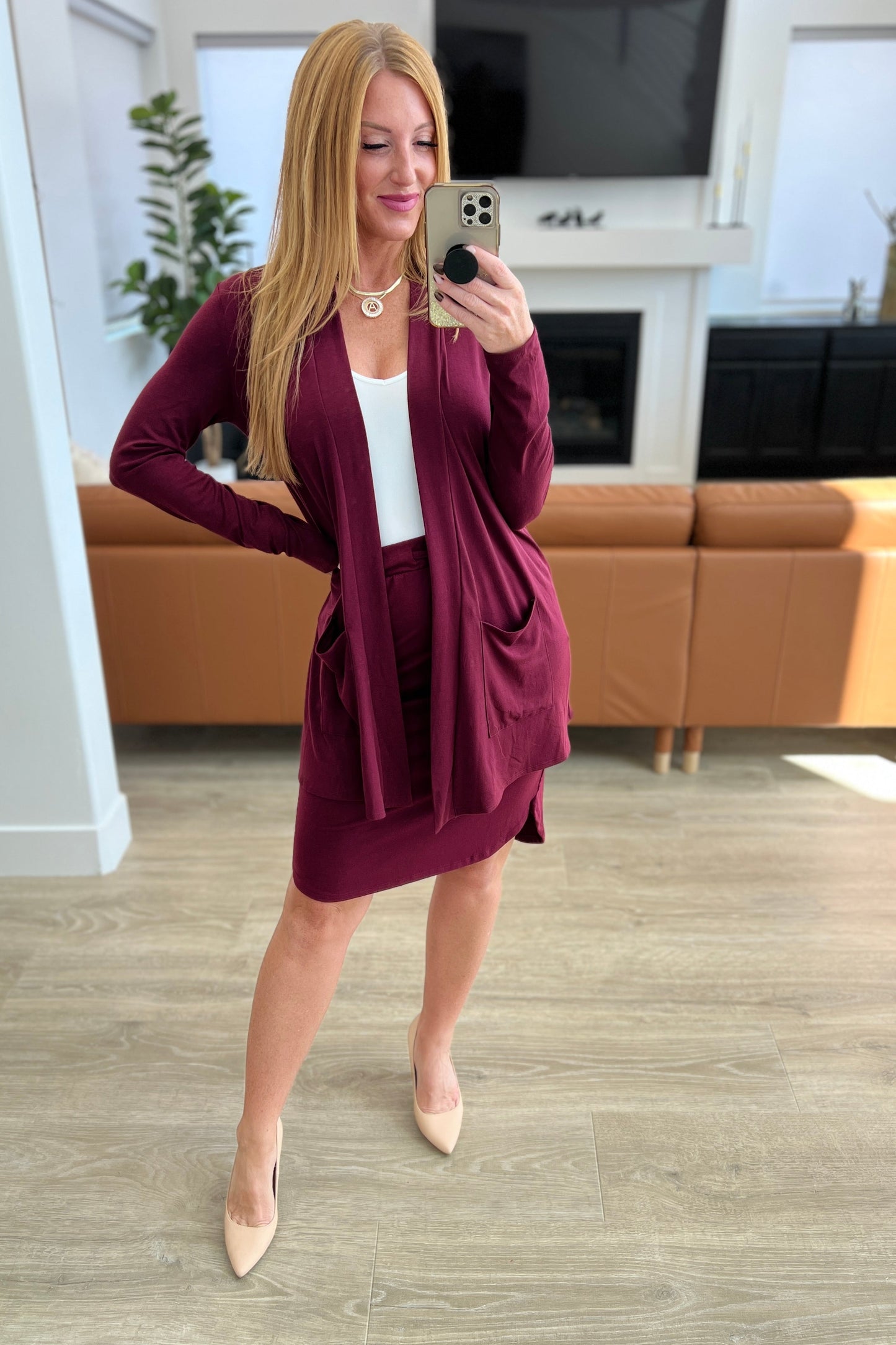 Self-Tie Tulip Hem Skirt in Dark Burgundy