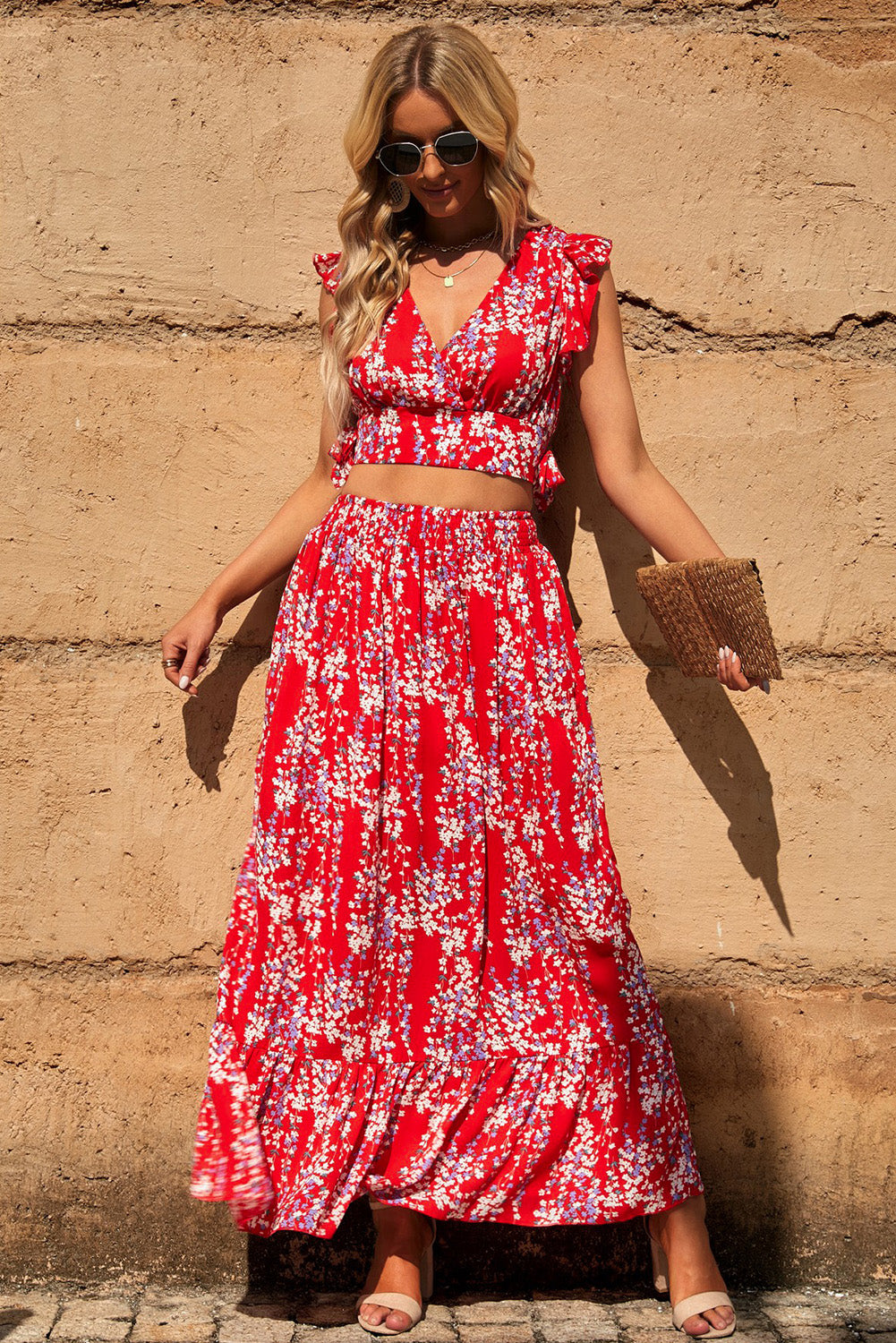 Printed Tie Back Cropped Top and Maxi Skirt Set - 6 Colors!!