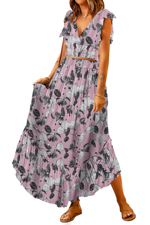 Printed Tie Back Cropped Top and Maxi Skirt Set - 6 Colors!!