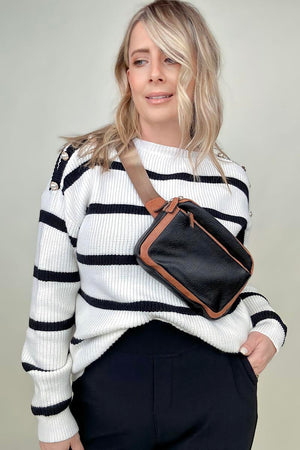 White and Black Stripe Sweater With Pearl Button Detail